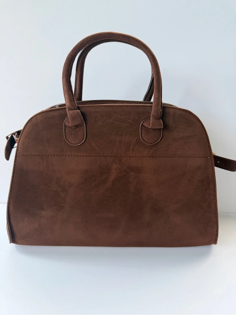 Woman’s Brown Faux-Suede Satchel Top-Handle Bag w/Buckle Accent & Magnet Closure